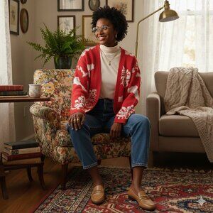 Vintage Bramble Lane Open Front Cardigan Sweater L Red White Floral Damask